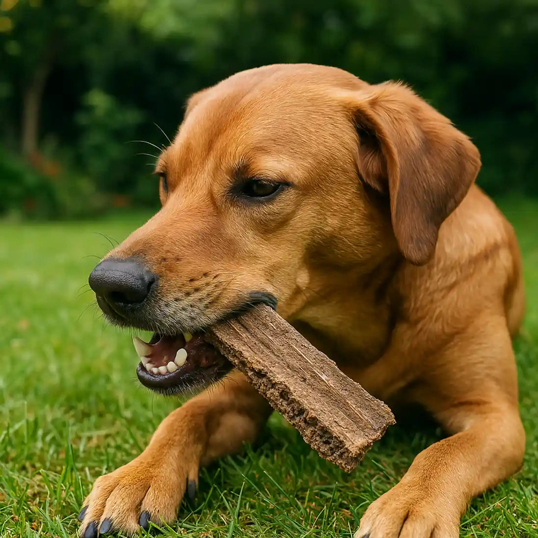 Goldener Mischlingshund kaut Lammsnack von BARFeGO