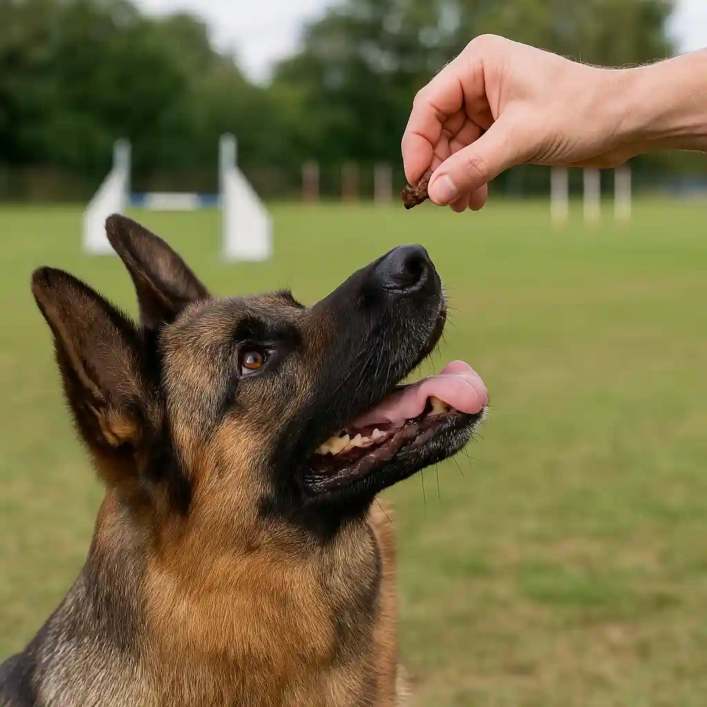 Schäferhund wird mit BARFeGO Trainingssnack belohnt