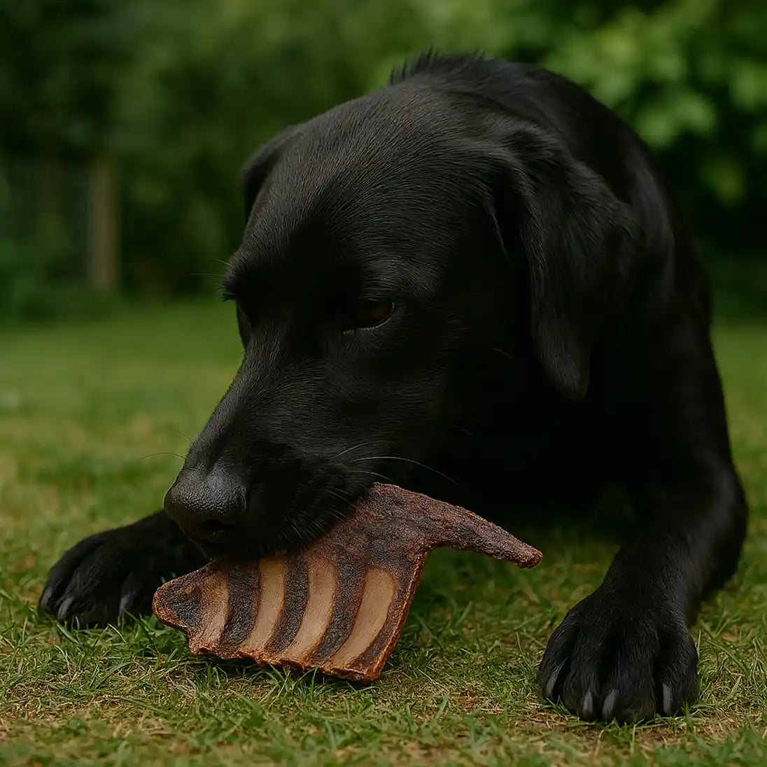 Schwarzer Retriever kaut leckere Wild Kauartikel von BARFeGO